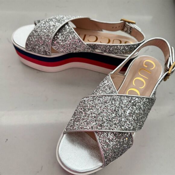 Gucci Women's Silver Glitter Slingback Platform Sandals Size 7 NIB - Picture 1 of 9